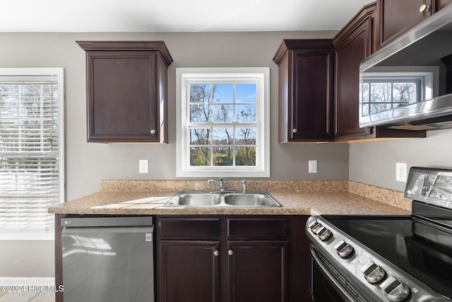 kitchen with appliances with stainless steel finishes, dark brown cabinetry, a healthy amount of sunlight, and sink