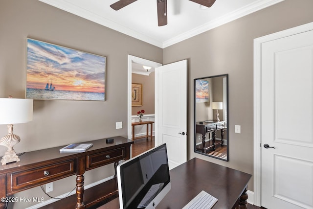 office area featuring ceiling fan and ornamental molding