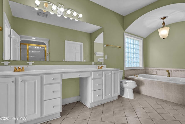 full bathroom featuring tile patterned flooring, vanity, separate shower and tub, and toilet