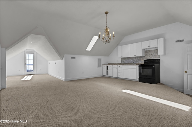 kitchen with white cabinets, light colored carpet, lofted ceiling with skylight, and black electric range