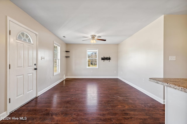 foyer entrance featuring dark hardwood / wood-style floors and ceiling fan