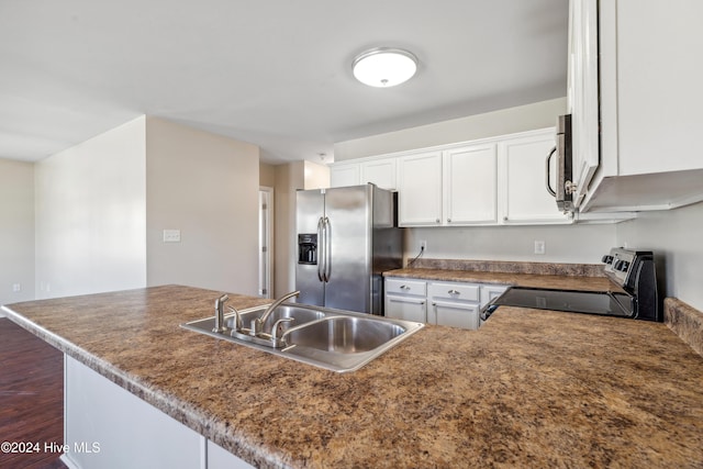 kitchen featuring kitchen peninsula, stainless steel appliances, sink, dark hardwood / wood-style floors, and white cabinetry