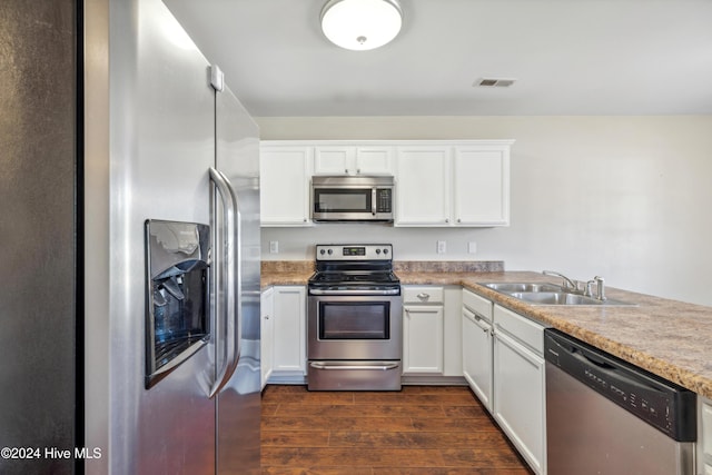 kitchen with white cabinets, sink, dark wood-type flooring, and appliances with stainless steel finishes