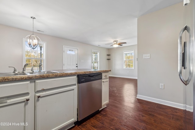 kitchen with white cabinetry, dishwasher, sink, dark hardwood / wood-style flooring, and ceiling fan with notable chandelier