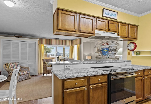 kitchen featuring electric range, ornamental molding, light stone counters, kitchen peninsula, and extractor fan