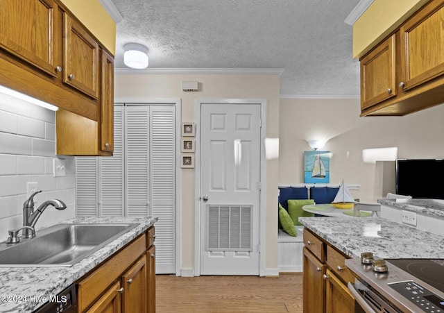 kitchen with sink, backsplash, light hardwood / wood-style floors, a textured ceiling, and ornamental molding