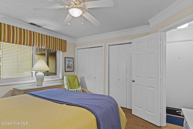 bedroom featuring multiple closets, ceiling fan, a textured ceiling, hardwood / wood-style flooring, and ornamental molding