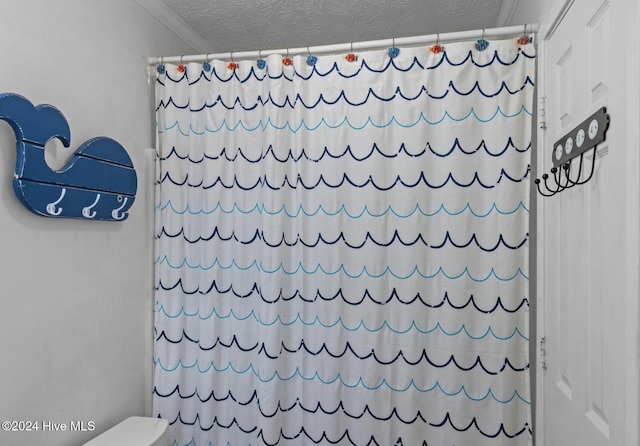 bathroom featuring crown molding, toilet, a textured ceiling, and a shower with shower curtain