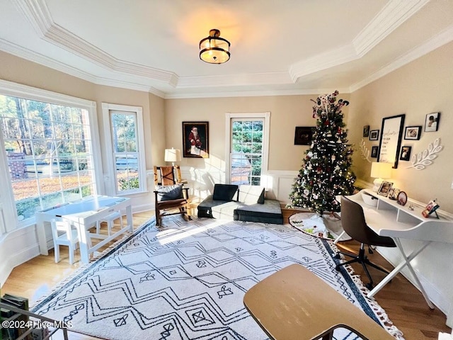 interior space featuring wood-type flooring, a tray ceiling, and crown molding