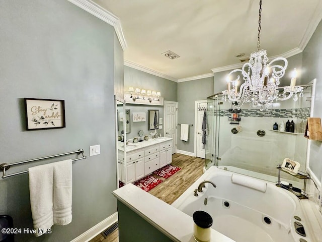 bathroom featuring vanity, crown molding, wood-type flooring, plus walk in shower, and a chandelier