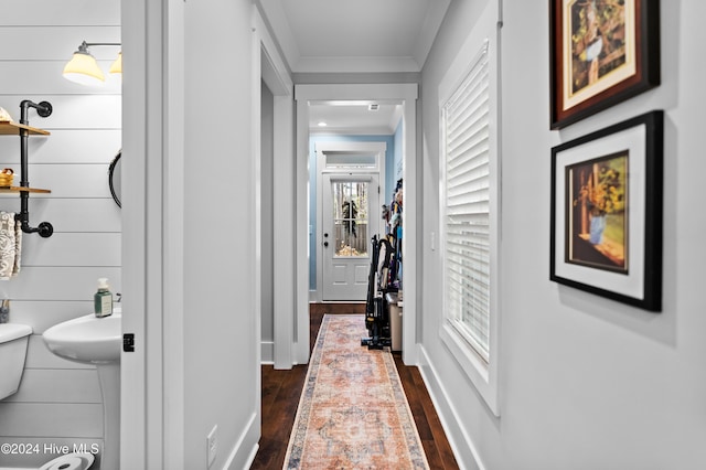 hallway with ornamental molding and dark wood-type flooring