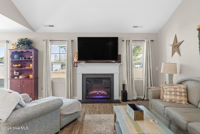 living room featuring hardwood / wood-style flooring and lofted ceiling