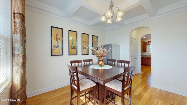 dining area with a chandelier, light hardwood / wood-style floors, crown molding, and coffered ceiling