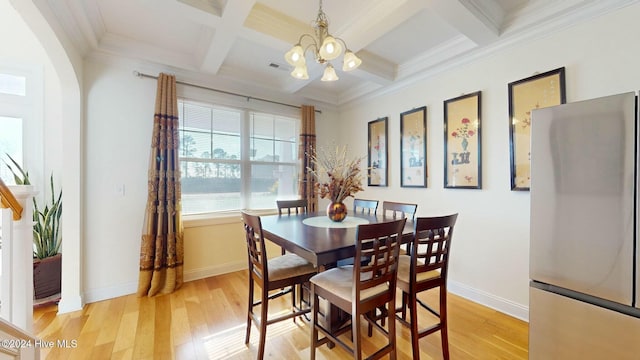 dining area featuring crown molding, coffered ceiling, and light wood-type flooring