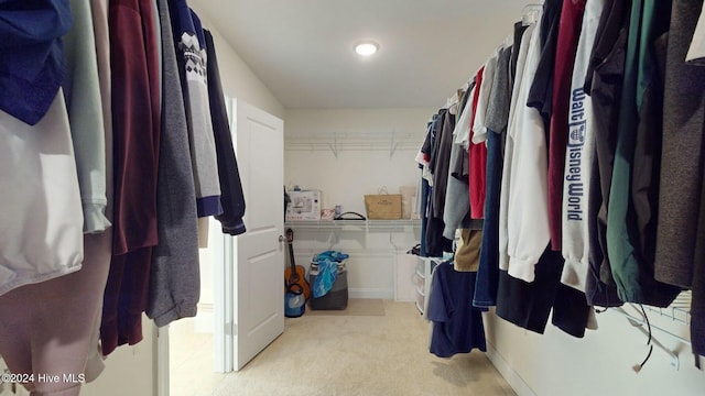 spacious closet featuring light colored carpet