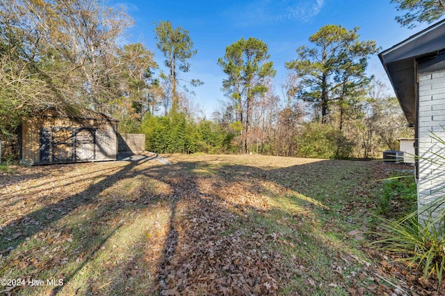 view of yard featuring a storage shed