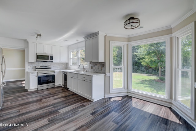 kitchen featuring white cabinets, sink, hanging light fixtures, decorative backsplash, and stainless steel appliances