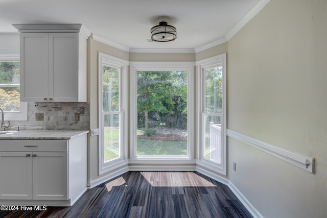 kitchen featuring white cabinets, dark hardwood / wood-style floors, decorative backsplash, and a wealth of natural light