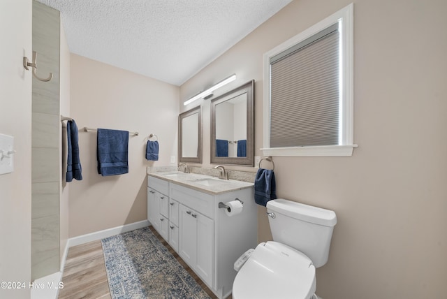 bathroom featuring vanity, wood-type flooring, a textured ceiling, and toilet