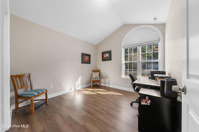 office space featuring hardwood / wood-style floors and lofted ceiling