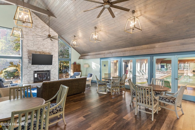 dining space with dark hardwood / wood-style flooring, a fireplace, high vaulted ceiling, and wooden ceiling