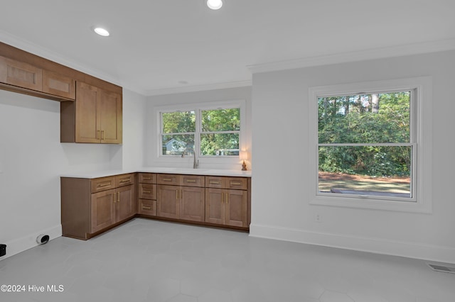 kitchen with plenty of natural light and ornamental molding