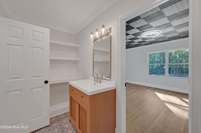 bathroom featuring vanity, wood-type flooring, and ornamental molding