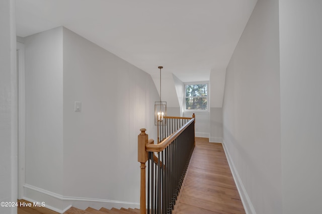 stairway featuring a chandelier and wood-type flooring