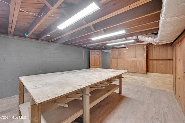 basement with light hardwood / wood-style floors and wooden walls