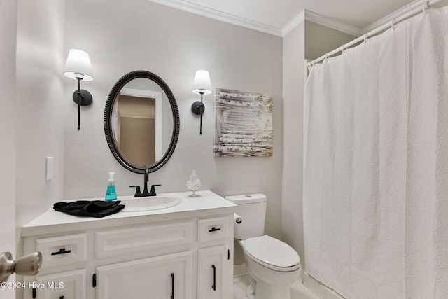 bathroom featuring ornamental molding, toilet, and vanity