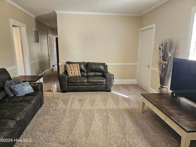 living room featuring ornamental molding and carpet