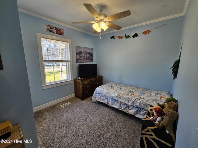 bedroom featuring carpet flooring, ceiling fan, and ornamental molding