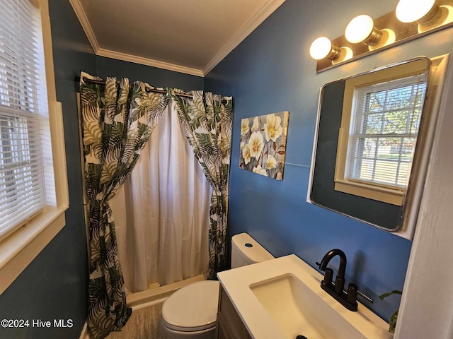 bathroom featuring toilet, crown molding, walk in shower, and vanity