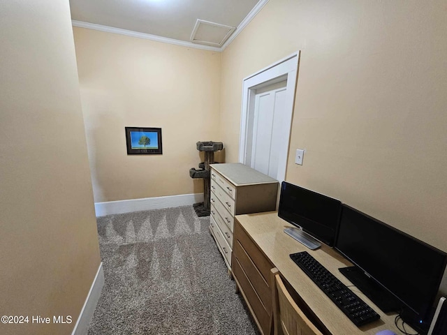 hallway with ornamental molding and dark carpet