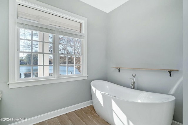 bathroom featuring hardwood / wood-style floors and a bath