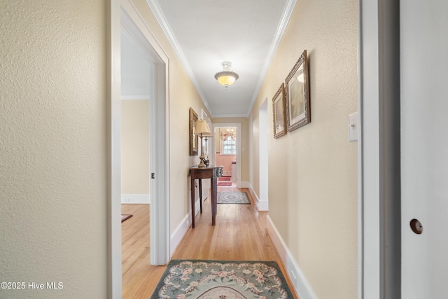 hall featuring light wood-type flooring and crown molding