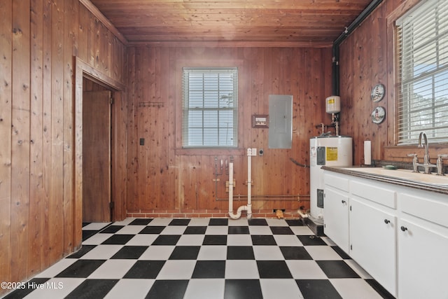 kitchen with white cabinets, wood walls, wood ceiling, and electric water heater