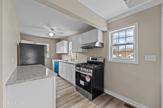 kitchen featuring stainless steel appliances, light wood-style floors, a sink, under cabinet range hood, and baseboards