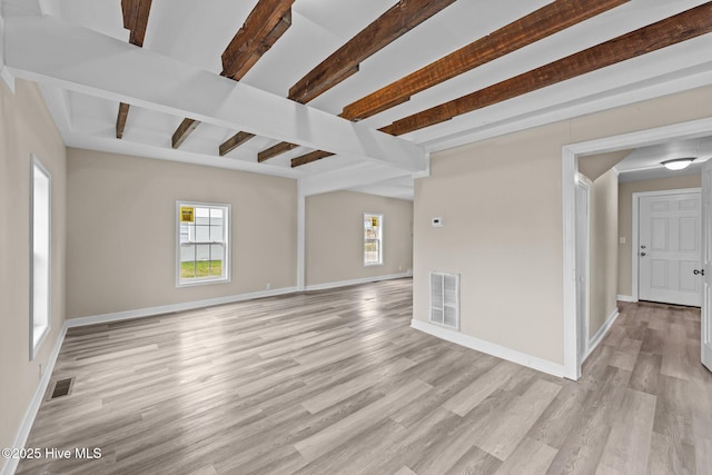 unfurnished living room with a healthy amount of sunlight, light wood-style floors, visible vents, and beamed ceiling