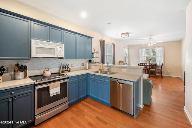 kitchen featuring sink, light hardwood / wood-style flooring, blue cabinets, kitchen peninsula, and appliances with stainless steel finishes