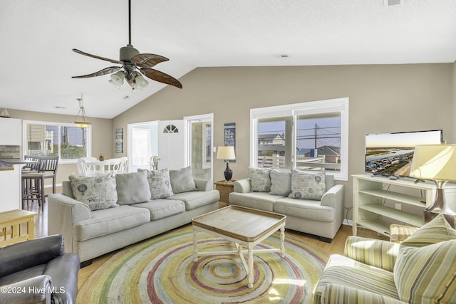 living room featuring wood finished floors, a ceiling fan, and vaulted ceiling