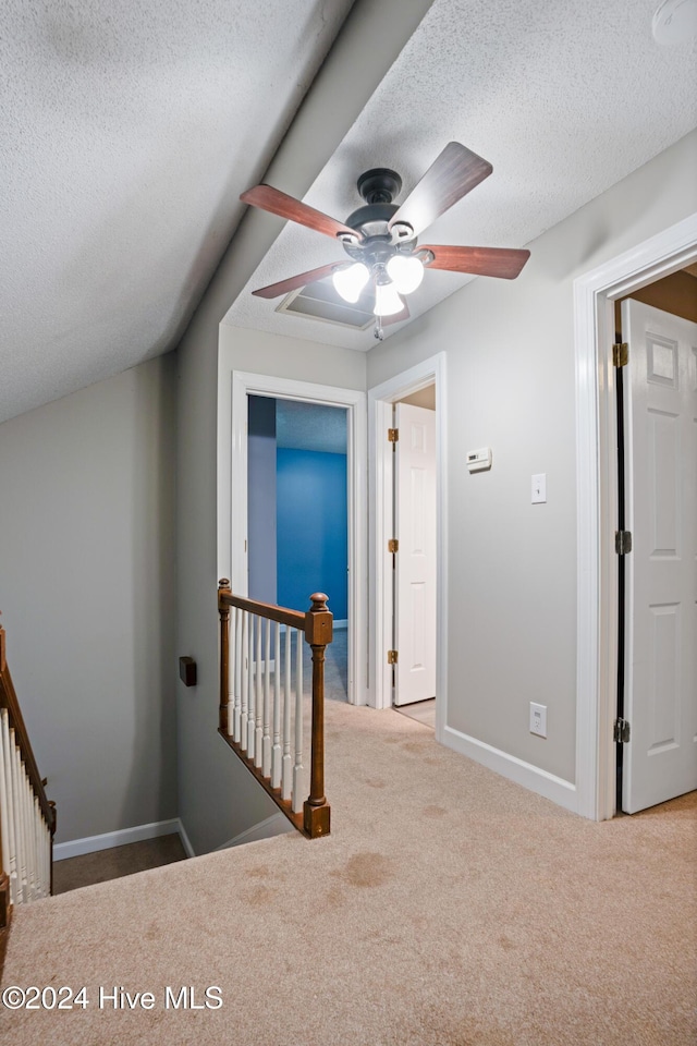 hallway with carpet and a textured ceiling