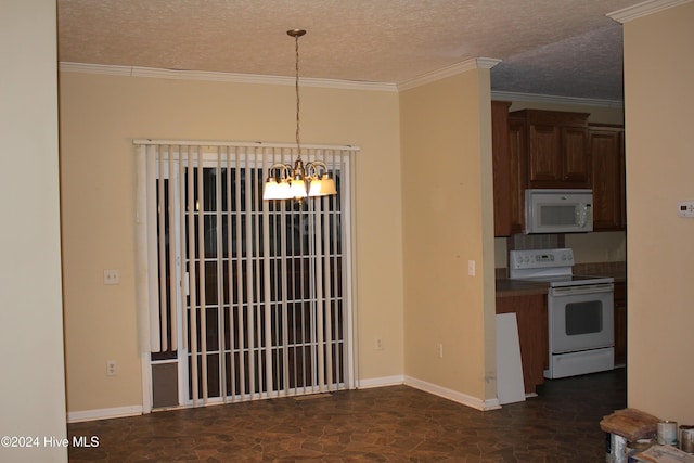 kitchen featuring pendant lighting, white appliances, crown molding, a textured ceiling, and a chandelier