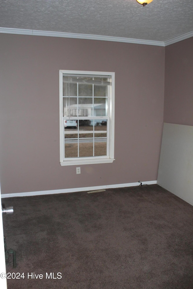 carpeted spare room featuring a textured ceiling and ornamental molding