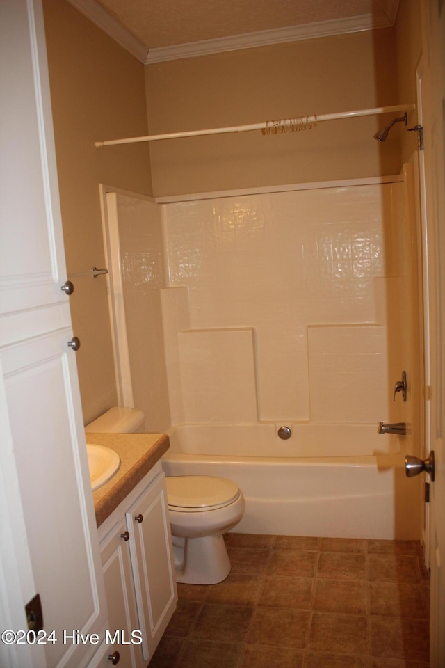 full bathroom with vanity, toilet, shower / tub combination, and ornamental molding