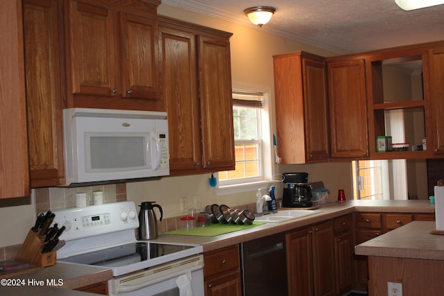 kitchen with a textured ceiling, white appliances, crown molding, and sink