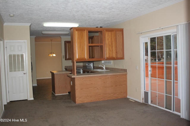 kitchen with a textured ceiling, dark carpet, decorative light fixtures, and ornamental molding