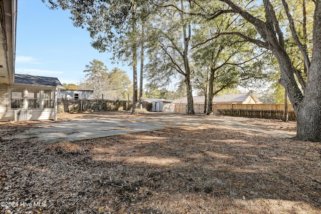 view of yard with a pool, a patio, and a shed