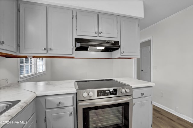 kitchen featuring dark hardwood / wood-style flooring, electric range, ornamental molding, and gray cabinetry