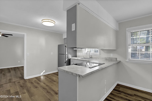 kitchen with sink, dark hardwood / wood-style flooring, kitchen peninsula, white cabinets, and ornamental molding